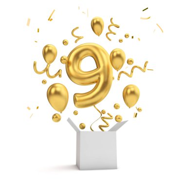 Mutlu 9 Doğum altın sürpriz balon ve kutusu. 3D render