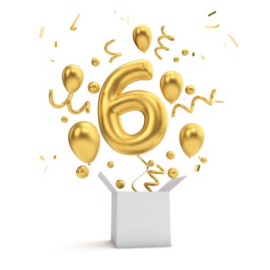 Mutlu 6 Doğum altın sürpriz balon ve kutusu. 3D render