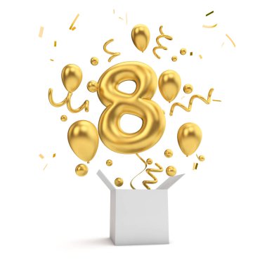 Mutlu 8th birthday altın sürpriz balon ve kutusu. 3D render