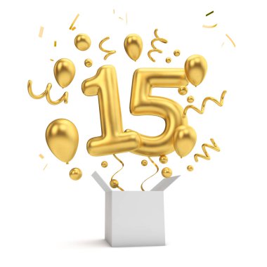 15 Doğum altın sürpriz balon ve kutusunu mutlu. 3D render