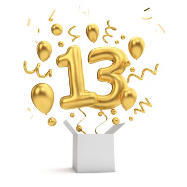 13. altın Doğum sürpriz balon ve kutusunu mutlu. 3D render