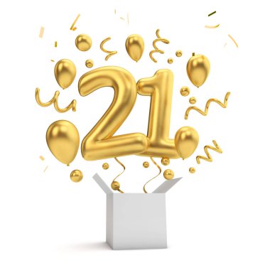 Mutlu 21.Doğum altın sürpriz balon ve kutusu. 3D render
