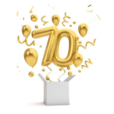 Happy 70th birthday gold surprise balloon and box. 3D Rendering clipart