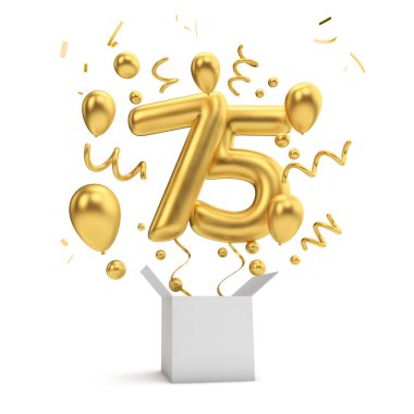 Mutlu 75 Doğum altın sürpriz balon ve kutusu. 3D render