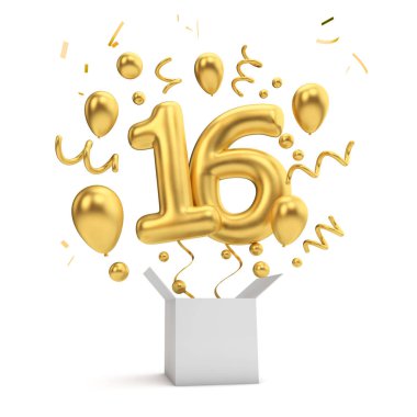 Mutlu 16th birthday altın sürpriz balon ve kutusu. 3D render