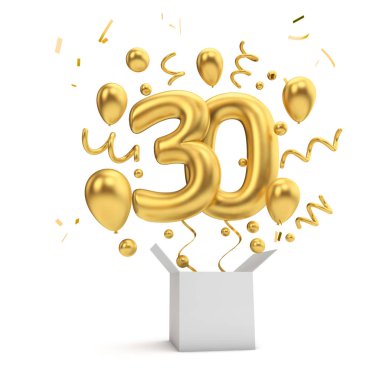 Happy 30th birthday gold surprise balloon and box. 3D Rendering clipart