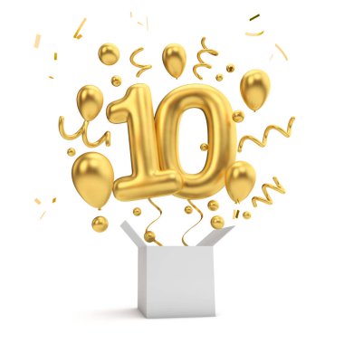 Happy 10th birthday gold surprise balloon and box. 3D Rendering clipart
