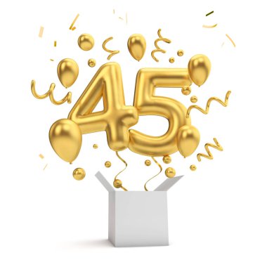 Mutlu 45 Doğum altın sürpriz balon ve kutusu. 3D render