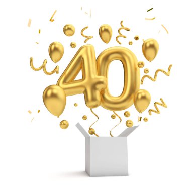 Happy 40th birthday gold surprise balloon and box. 3D Rendering clipart