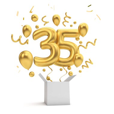 Mutlu 35 Doğum altın sürpriz balon ve kutusu. 3D render
