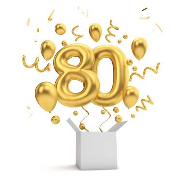 Happy 80th birthday gold surprise balloon and box. 3D Rendering clipart