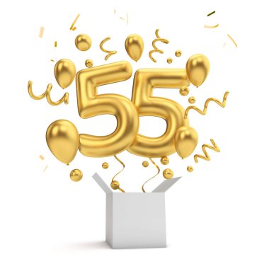Mutlu 55 Doğum altın sürpriz balon ve kutusu. 3D render