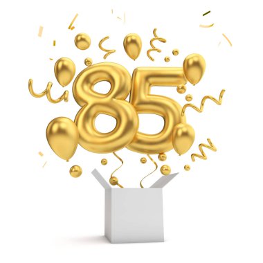 Mutlu 85 Doğum altın sürpriz balon ve kutusu. 3D render