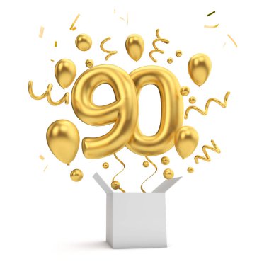 Happy 90th birthday gold surprise balloon and box. 3D Rendering clipart