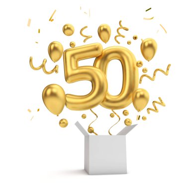 Mutlu 50th birthday altın sürpriz balon ve kutusu. 3D render