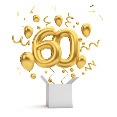 Happy 60th birthday gold surprise balloon and box. 3D Rendering clipart