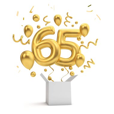 Mutlu 65 Doğum altın sürpriz balon ve kutusu. 3D render