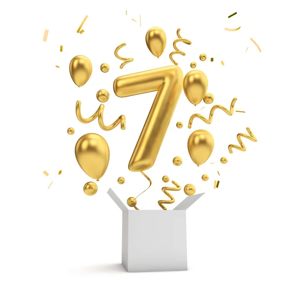 Happy 7De Verjaardag Gouden Verrassing Ballon Vak Rendering — Stockfoto