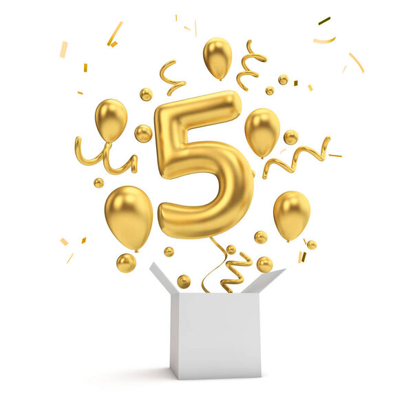 С пятым днем рождения золотой сюрприз воздушный шар и коробка. 3D рендеринг
