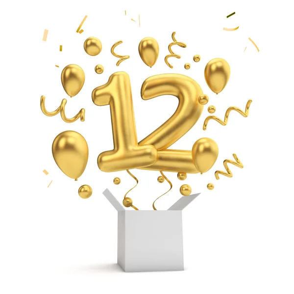 Happy Ημέρα Των 12Ων Γενεθλίων Χρυσό Έκπληξη Μπαλόνι Και Κουτί — Φωτογραφία Αρχείου