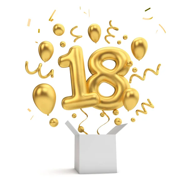 Happy 18E Verjaardag Gouden Verrassing Ballon Vak Rendering — Stockfoto