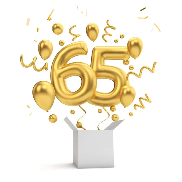 Happy 65Th Birthday Gold Surprise Balloon Box Rendering — Stock Photo, Image