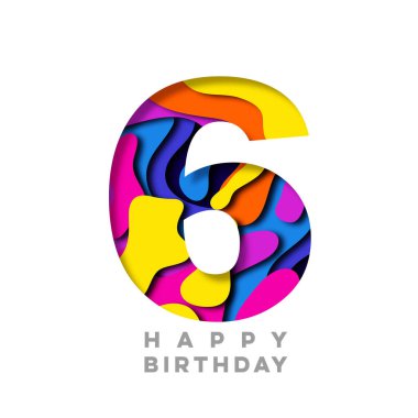 Number 6 Happy Birthday colorful paper cut out design clipart