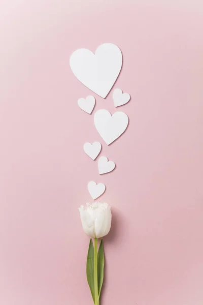 White flowers and hearts on a pastel pink background