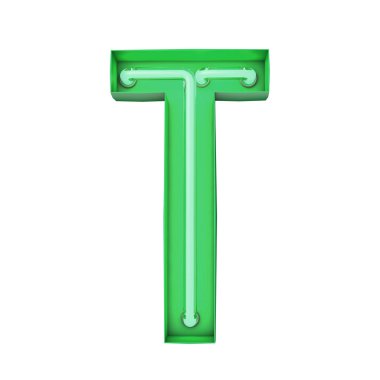 Neon tarzı hafif harf T. Parlayan neon büyük harf. 3B görüntüleme