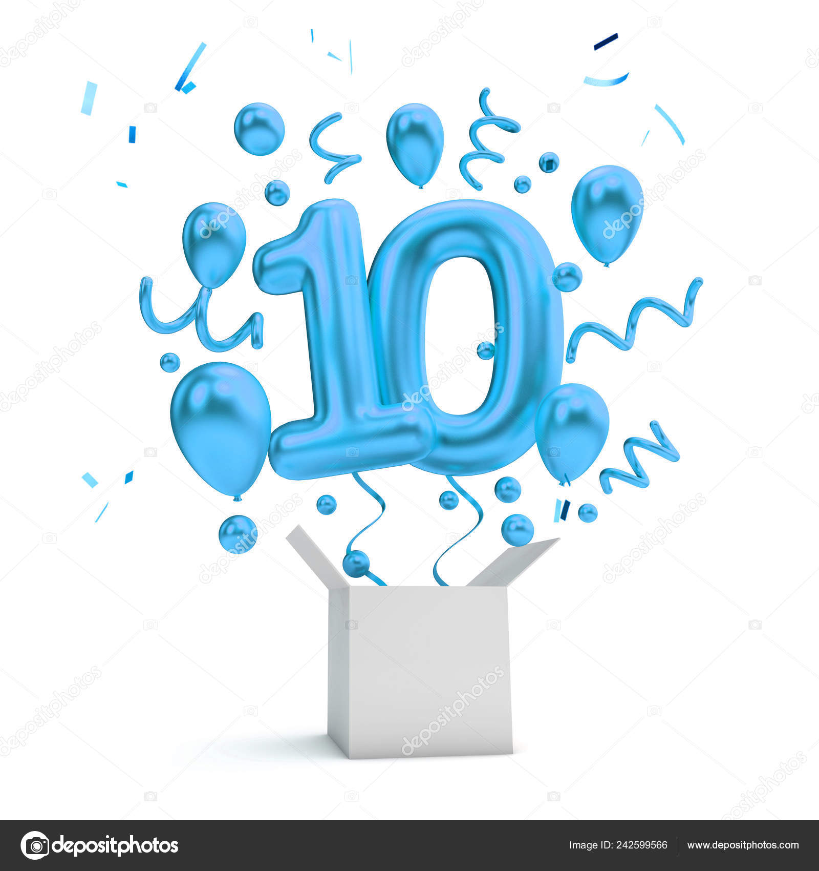 Happy 10Th Birthday Blue Surprise Balloon Box Rendering Stock Photo by