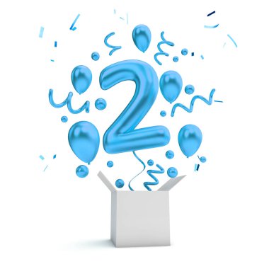 Mutlu 2nd birthday mavi sürpriz balon ve kutusu. 3D render
