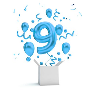 Mutlu 9 Doğum mavi sürpriz balon ve kutusu. 3D render