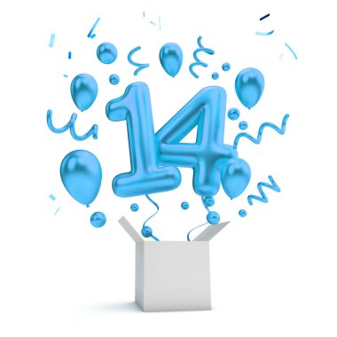Mutlu 14 Doğum mavi sürpriz balon ve kutusu. 3D render