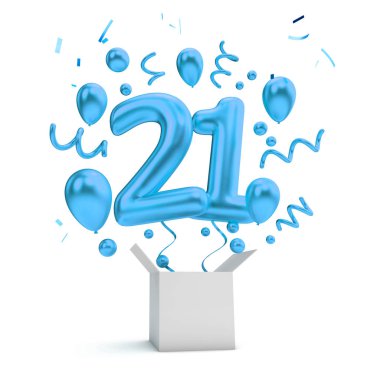 Mutlu 21.Doğum mavi sürpriz balon ve kutusu. 3D render