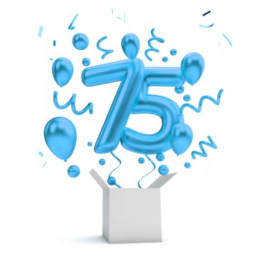 Mutlu 75 Doğum mavi sürpriz balon ve kutusu. 3D render