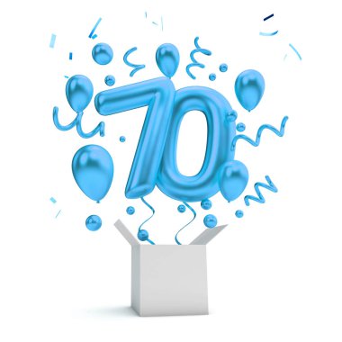 Mutlu 70 Doğum mavi sürpriz balon ve kutusu. 3D render