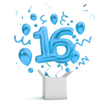 Mutlu 16th birthday mavi sürpriz balon ve kutusu. 3D render
