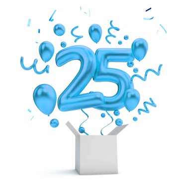 Mutlu 25 Doğum günü mavi sürpriz balon ve kutusu. 3D render