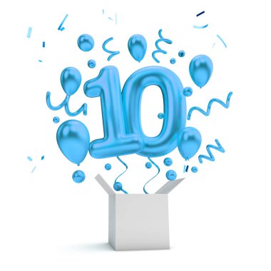 Mutlu 10 Doğum mavi sürpriz balon ve kutusu. 3D render