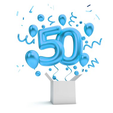 Happy 50th birthday blue surprise balloon and box. 3D Rendering clipart
