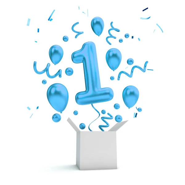 Happy 1St Birthday Blue Surprise Balloon Box Rendering — Stock Photo, Image