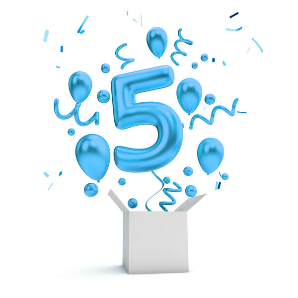 С 5-летием синий воздушный шар-сюрприз и коробка. 3D рендеринг
