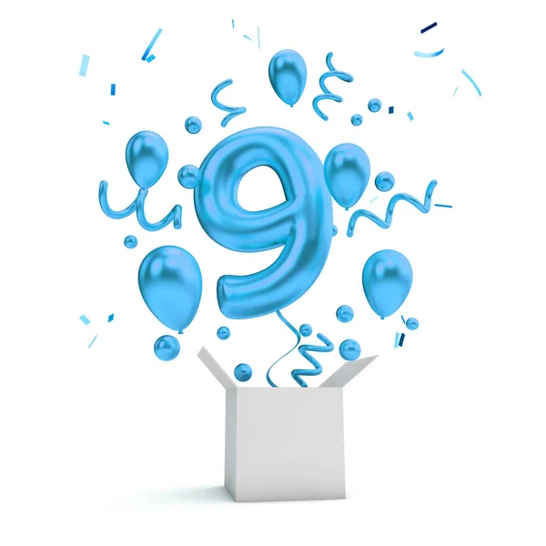 Happy 9Th Birthday Blue Surprise Balloon Box Rendering — Stock Photo, Image