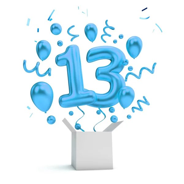 Happy 13th birthday blue surprise balloon and box. 3D Rendering