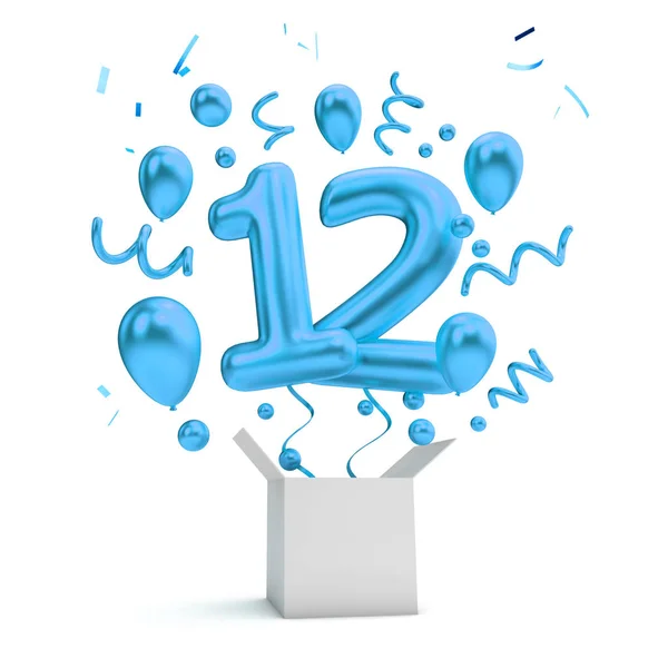 Happy 12Th Birthday Blue Surprise Balloon Box Rendering — Stock Photo, Image