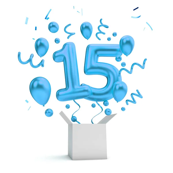 Happy Blue 15Η Γενέθλια Έκπληξη Μπαλόνι Και Κουτί Rendering — Φωτογραφία Αρχείου
