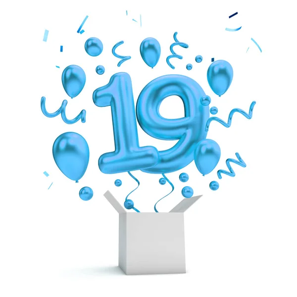 Joyeux Ballon Surprise Bleu 19E Anniversaire Boîte Rendu — Photo