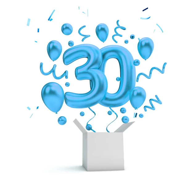 Happy 30th birthday blue surprise balloon and box. 3D Rendering