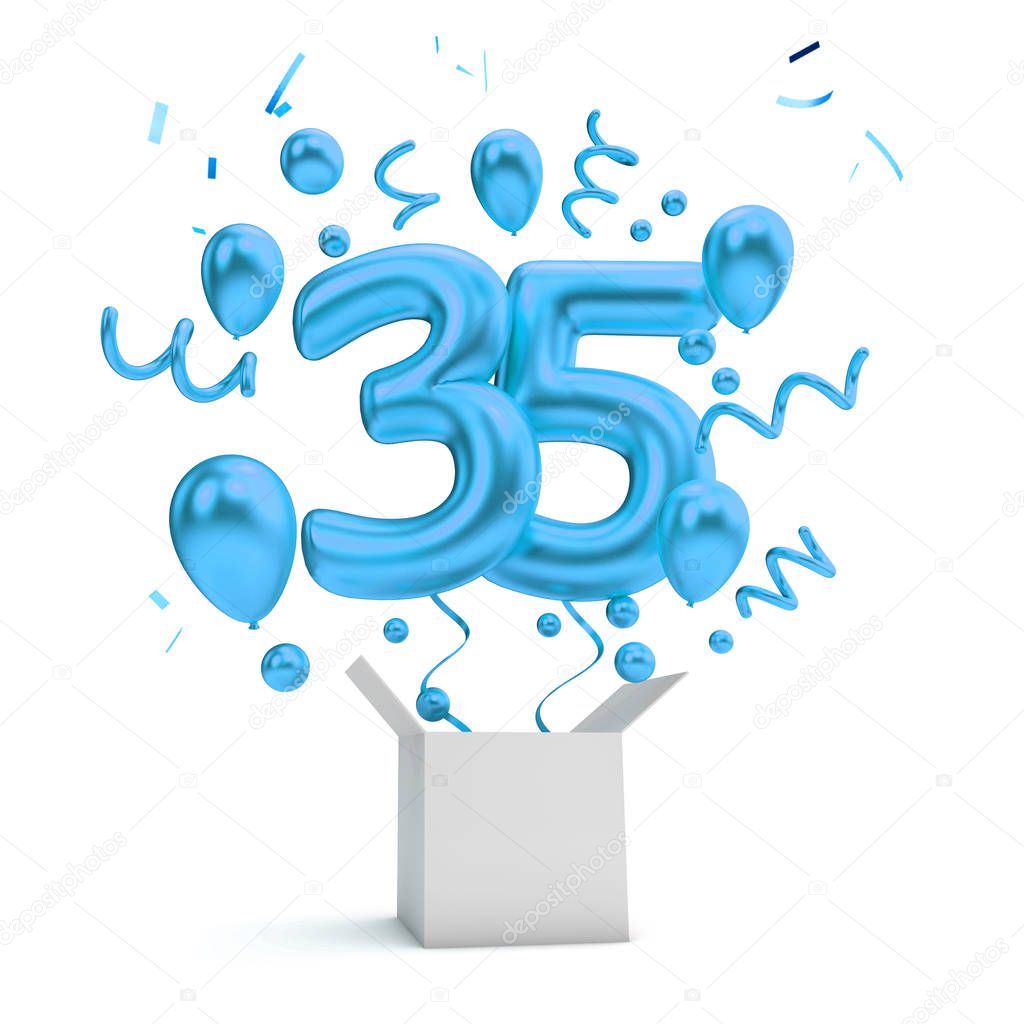 Happy 35th birthday blue surprise balloon and box. 3D Rendering