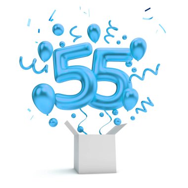Mutlu 55 Doğum mavi sürpriz balon ve kutusu. 3D render